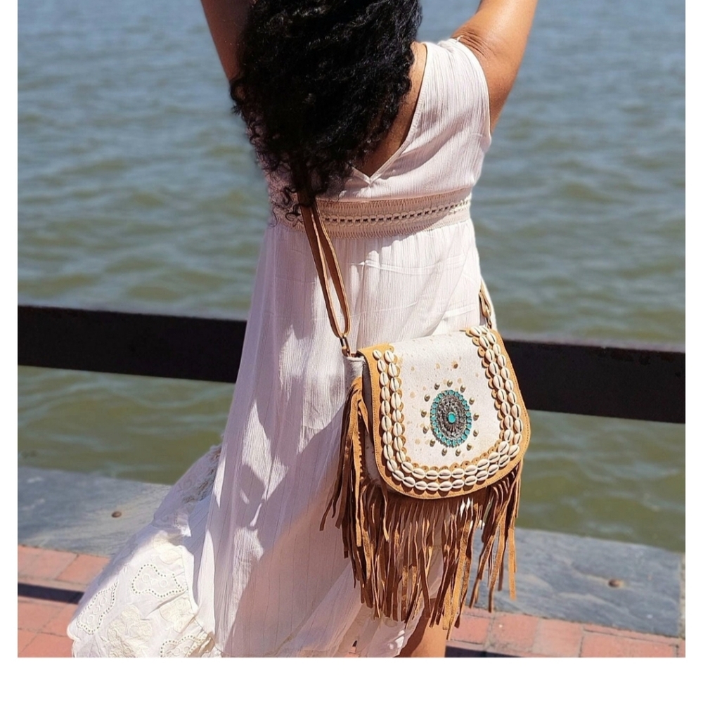 Tan Suede & Cowhide Crossbody Bag with Fringe and Boho Design
